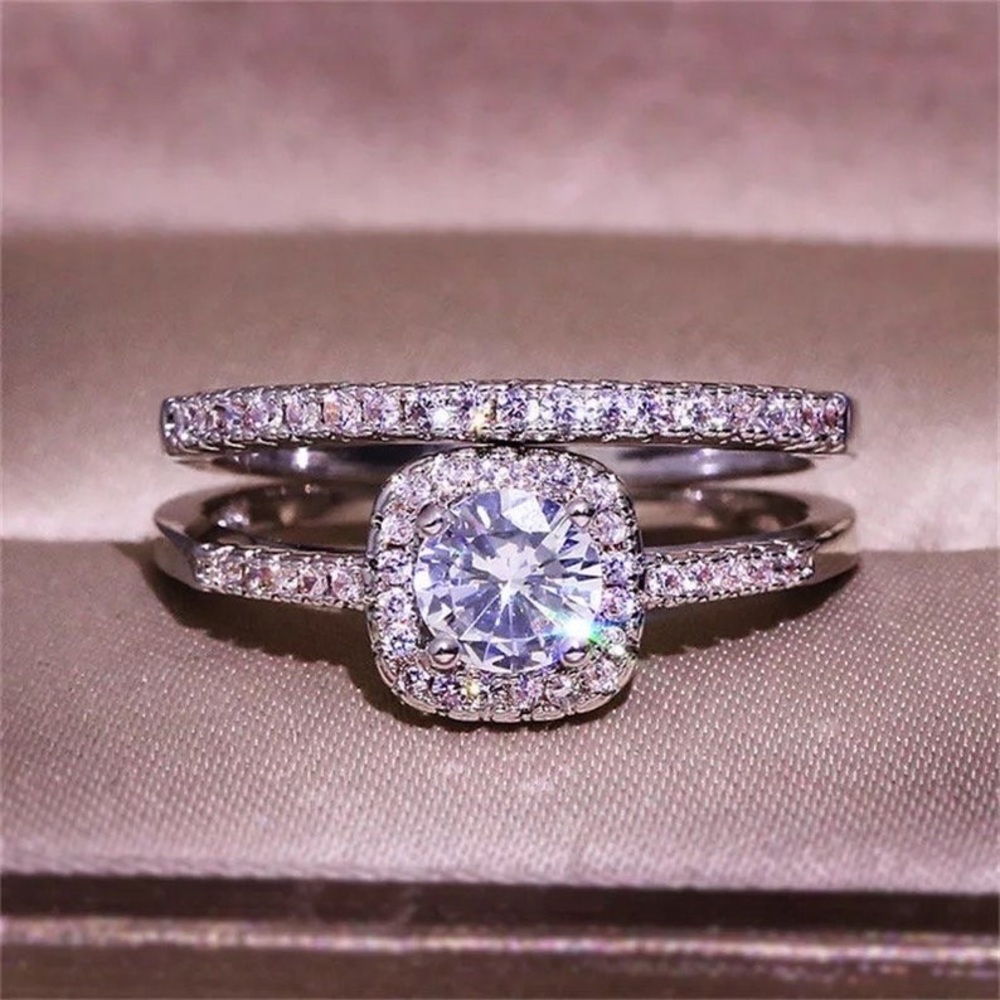 New 3.2 CT Cushion Cut Halo White Sapphire 14k White Gold Plated Bridal Ring Set - Picture 14 of 15
